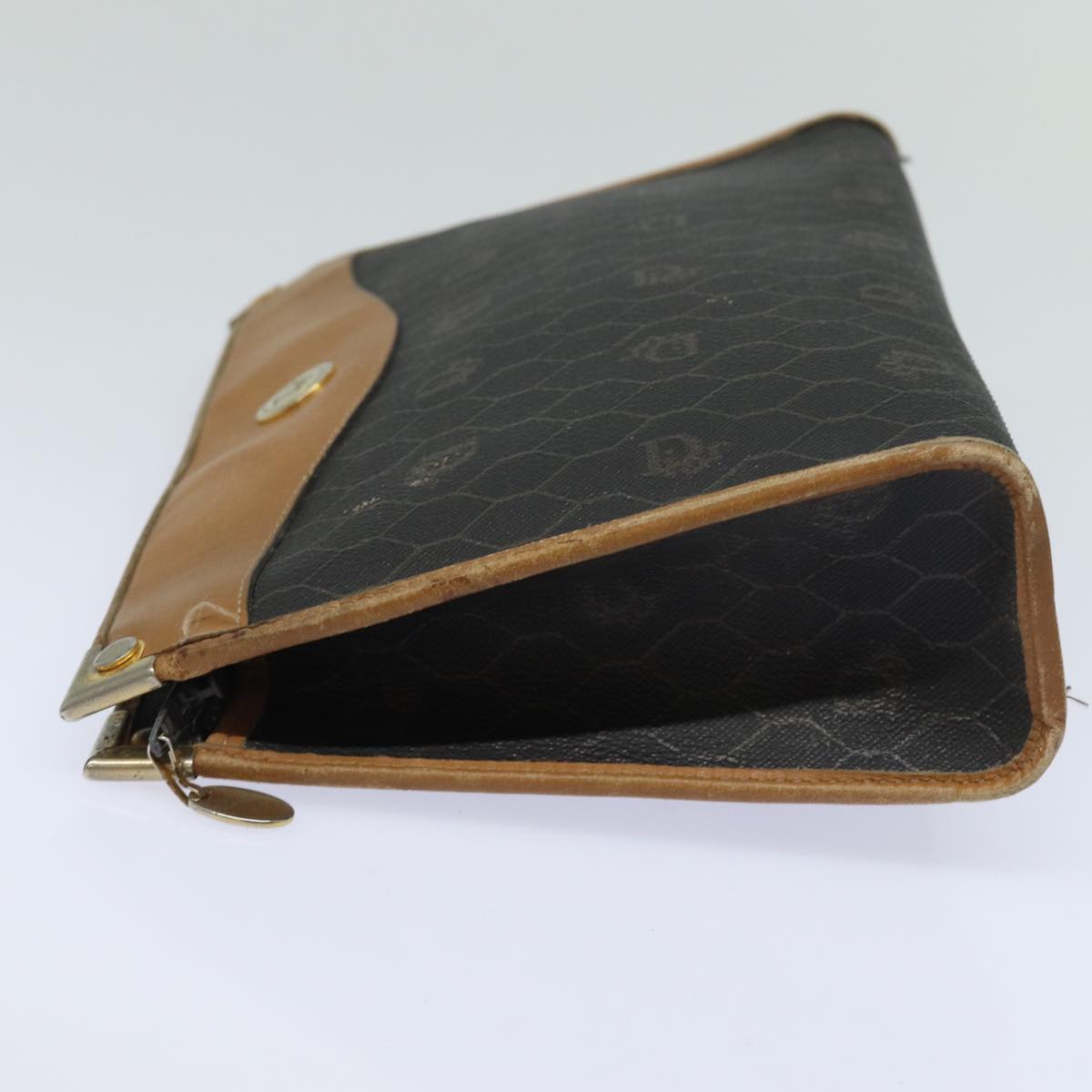 CHRISTIAN DIOR Honeycomb Canvas Clutch Bag PVC Leather Black Brown Auth ti1770