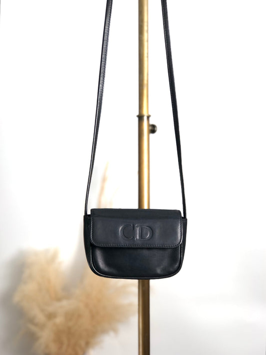 Christian Dior CD Logo Embossed Small Shoulder bag Black Vintage ee2nsk