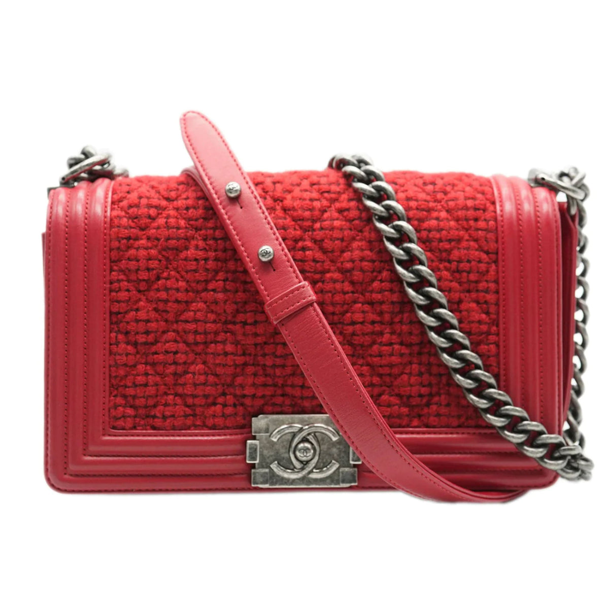 CHANEL Red Quilted Tweed Lambskin Old Medium Boy Bag