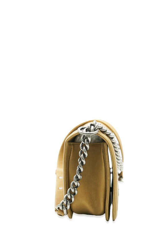 CHANEL Dark Gold Quilted Caviar Old Medium Boy Bag