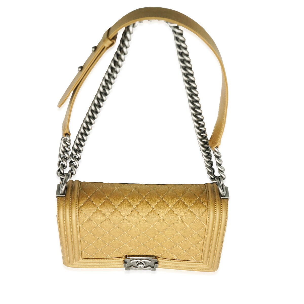 Top Quality Chanel Dark Gold Quilted Caviar Old Medium Boy Bag