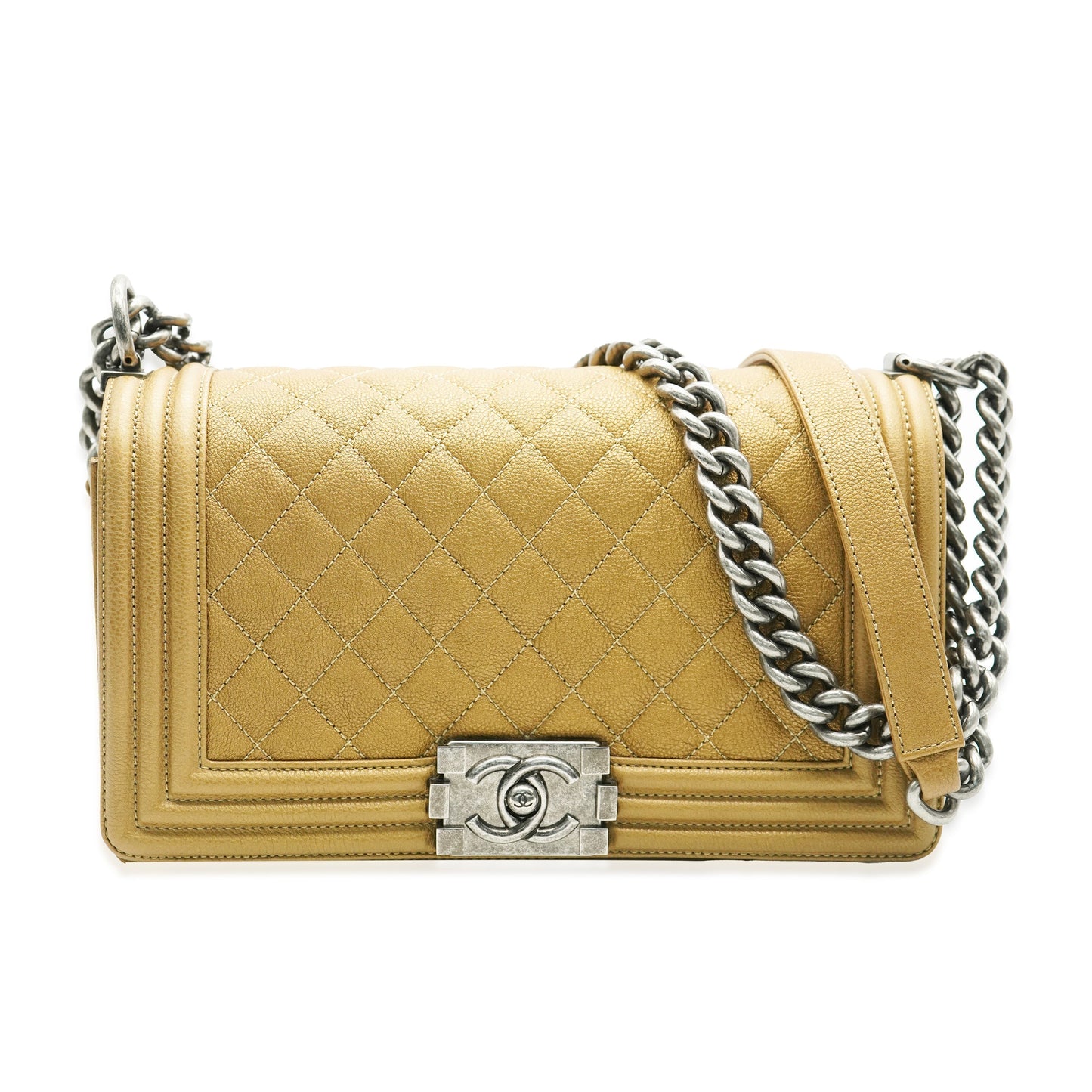 CHANEL Dark Gold Quilted Caviar Old Medium Boy Bag