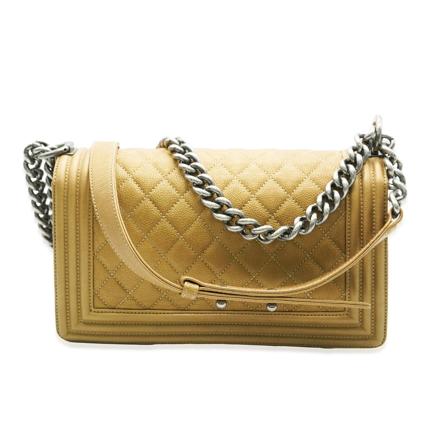 CHANEL Dark Gold Quilted Caviar Old Medium Boy Bag