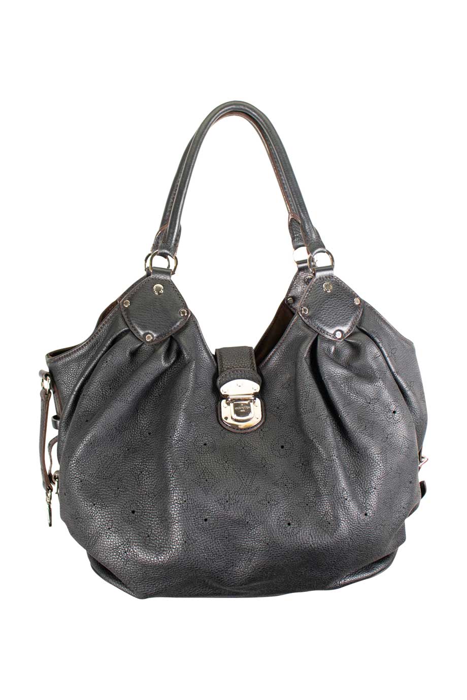 LOUIS VUITTON Black leather 'Mahina' slouchy shoulder bag with perforated monogram and silver-tone hardware