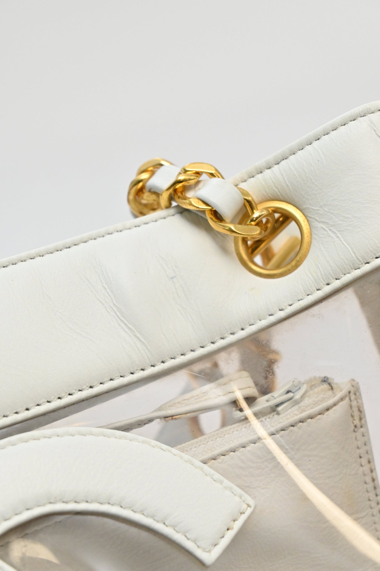 CHANEL White leather and clear PVC Triple CC tote