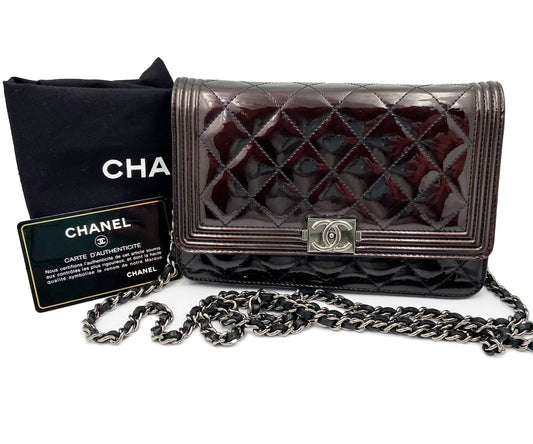 CHANEL Burgundy Patent Leather Boy Wallet on Chain WOC Crossbody Bag