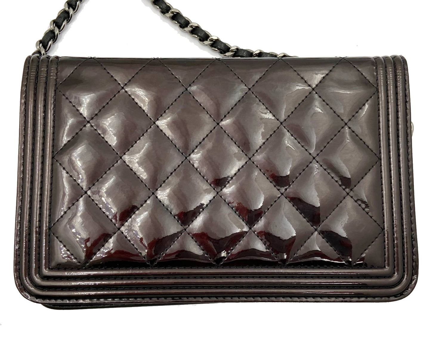 CHANEL Burgundy Patent Leather Boy Wallet on Chain WOC Crossbody Bag