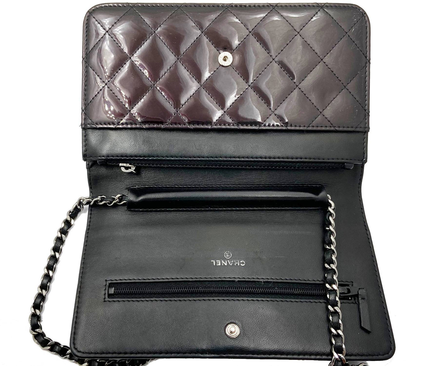 CHANEL Burgundy Patent Leather Boy Wallet on Chain WOC Crossbody Bag