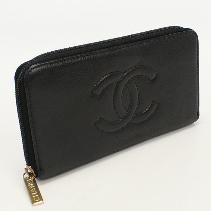 CHANEL Long Wallet COCO Mark embossed Long zip round wallet Purse leather black unisex