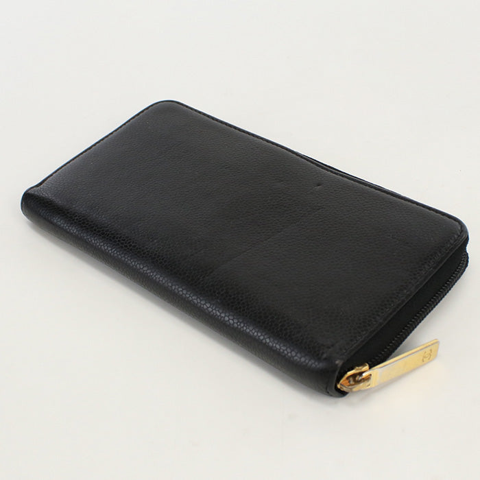 CHANEL Long Wallet COCO Mark embossed Long zip round wallet Purse leather black unisex