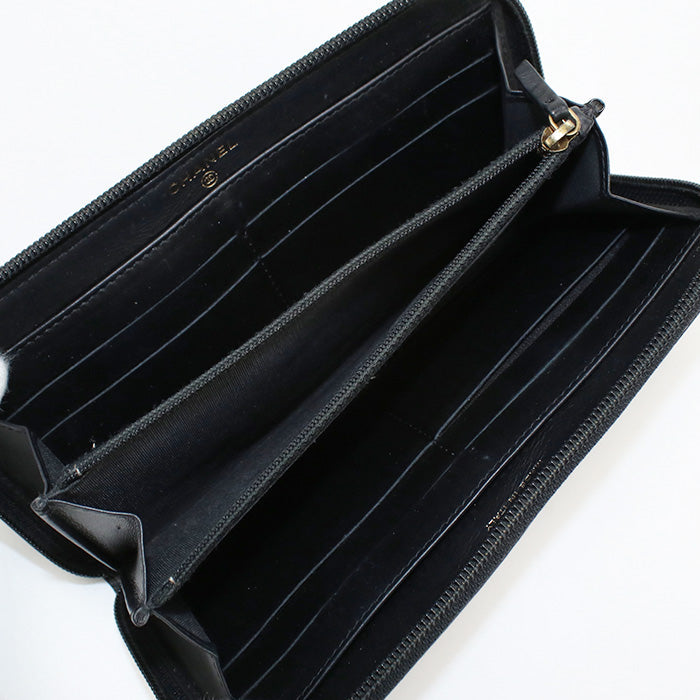 CHANEL Long Wallet COCO Mark embossed Long zip round wallet Purse leather black unisex