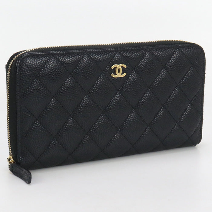 CHANEL Long Wallet Matrasse Long zip wallet Matt caviar skin black Women