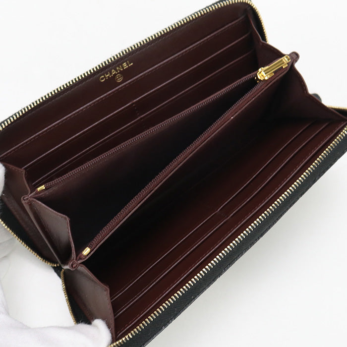 CHANEL Long Wallet Matrasse Long zip wallet Matt caviar skin black Women
