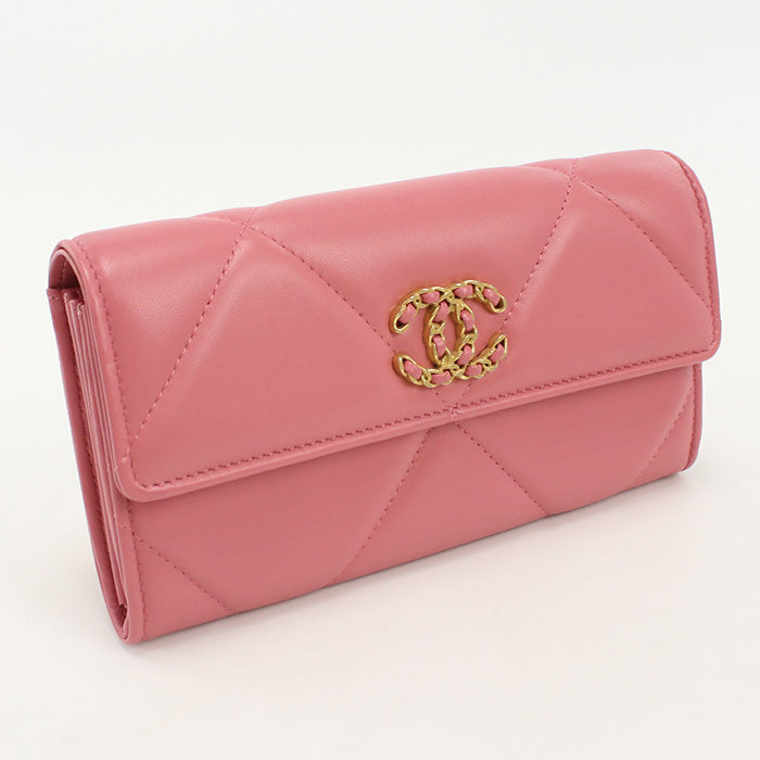 CHANEL Long wallet with double fold coin purse lambskin pink Women