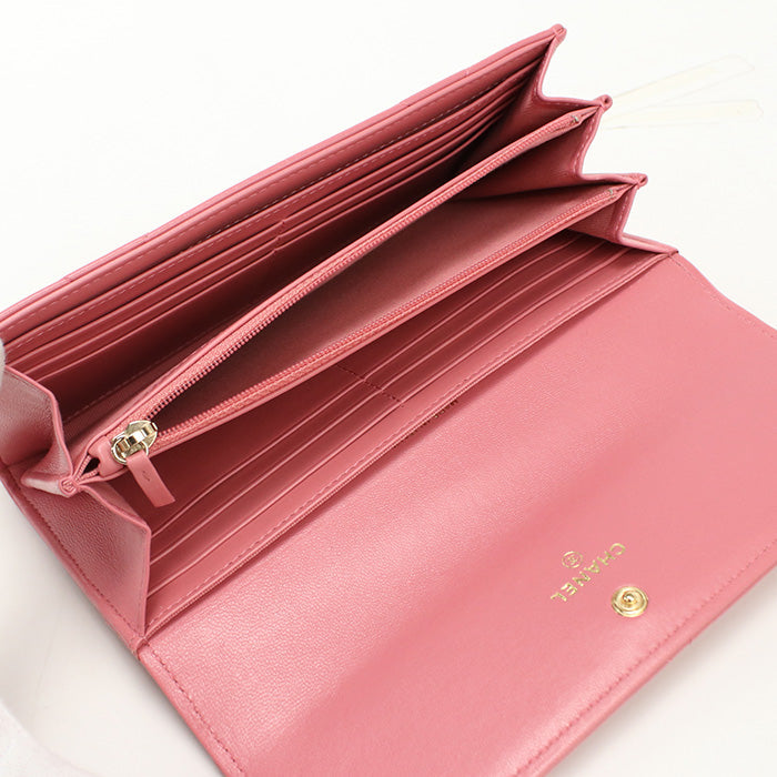 CHANEL Long wallet with double fold coin purse lambskin pink Women