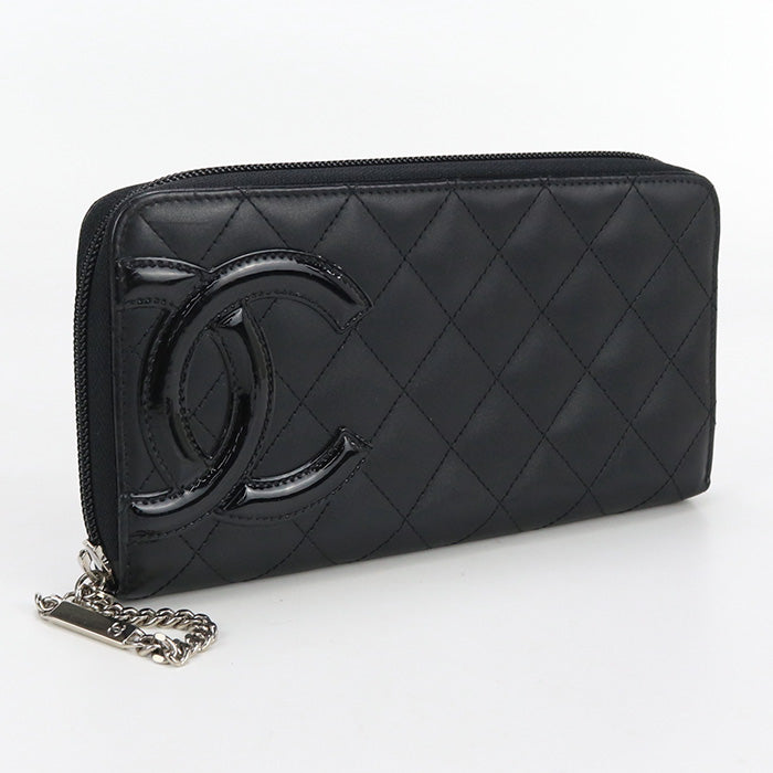 CHANEL A50078 Long Wallet Cambon line COCO Mark Large zip wallet Purse Calfskin,enamel black Women