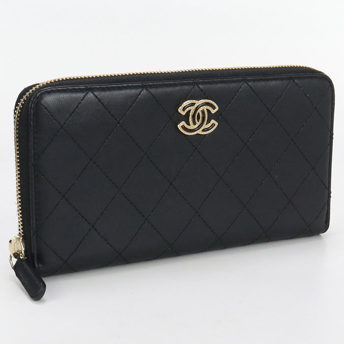 CHANEL A82126 Long Wallet Matrasse Double stitched zip wallet lambskin black Women