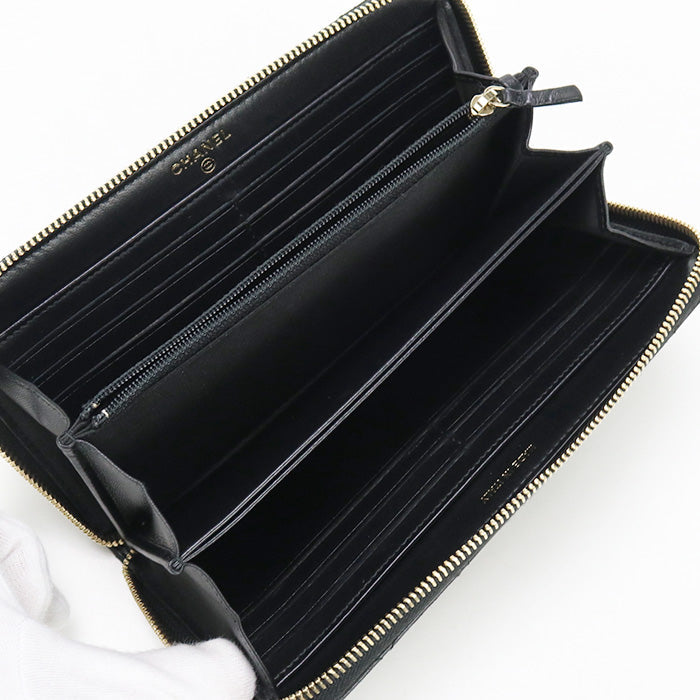CHANEL A82126 Long Wallet Matrasse Double stitched zip wallet lambskin black Women