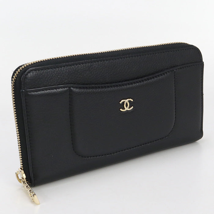 CHANEL Long zip wallet PurseZip Around leather  black Women