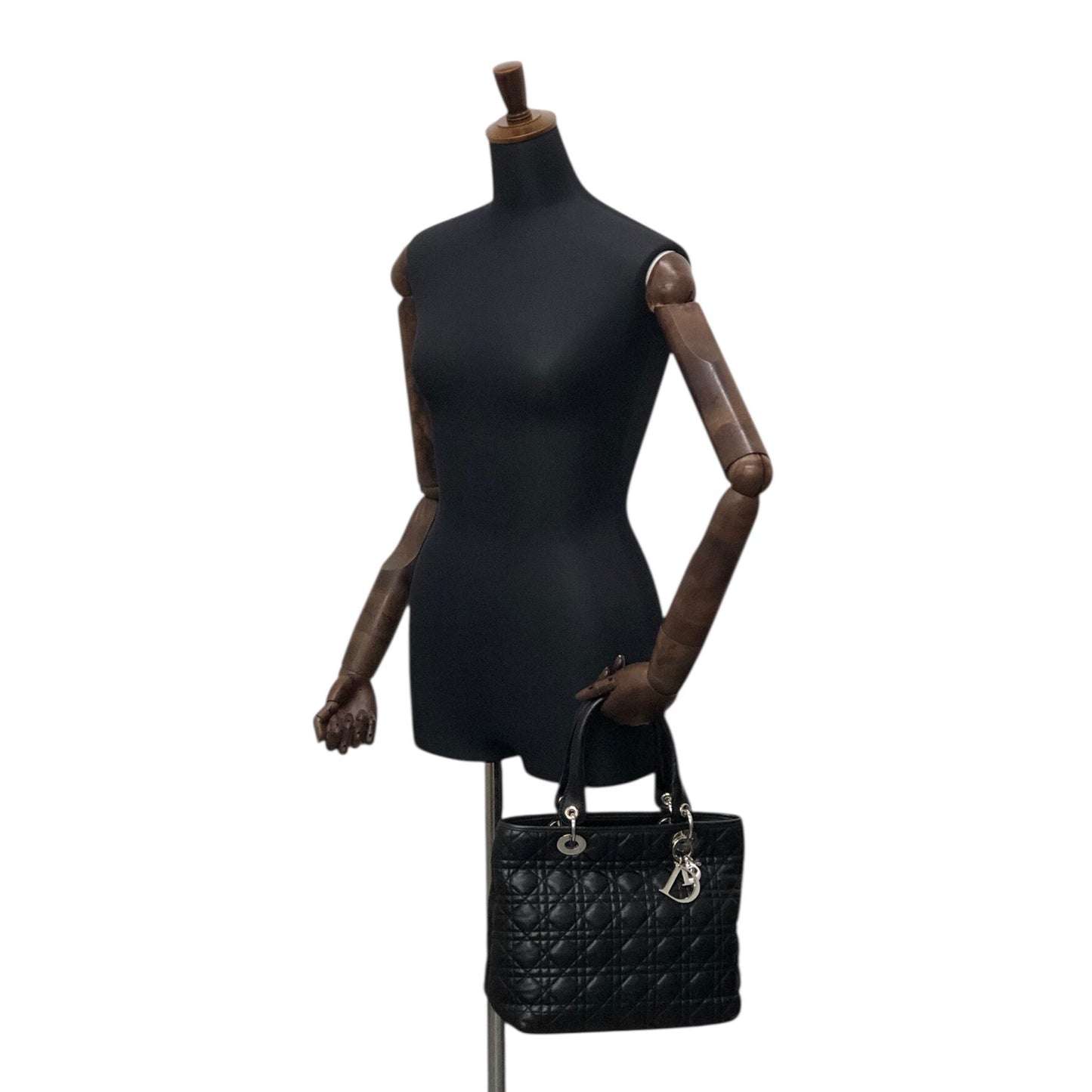 Christian Dior Lady Dior Cannage Logo Charm Handbag Black Vintage ymgxfh