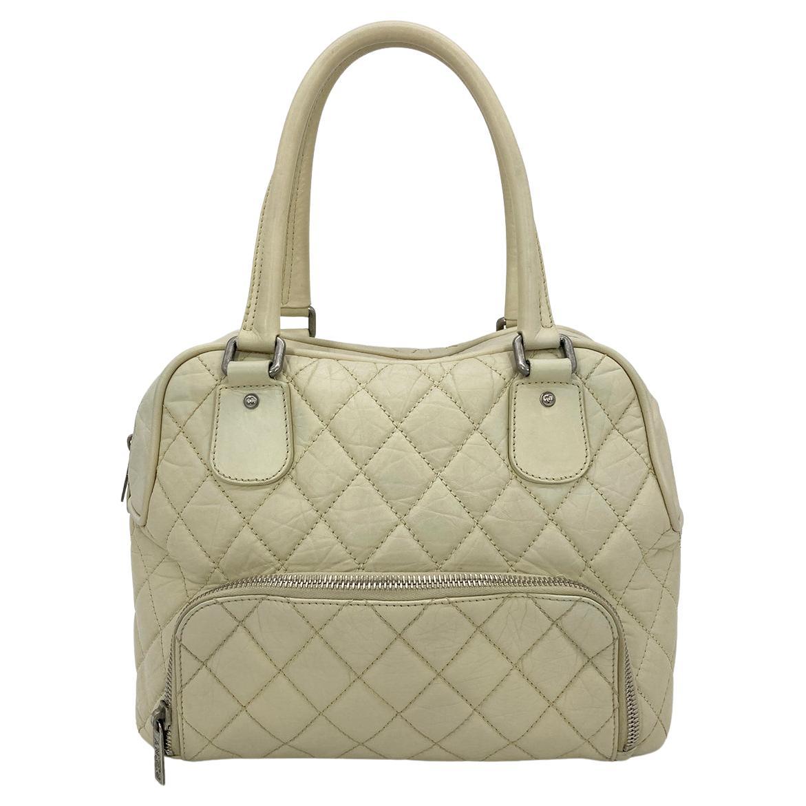 CHANEL Paris New York Cream Distressed Bowling Tote