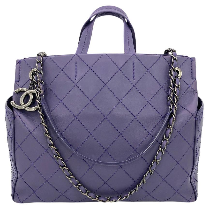 CHANEL Purple Leather Top Stitch CC Pocket Tote