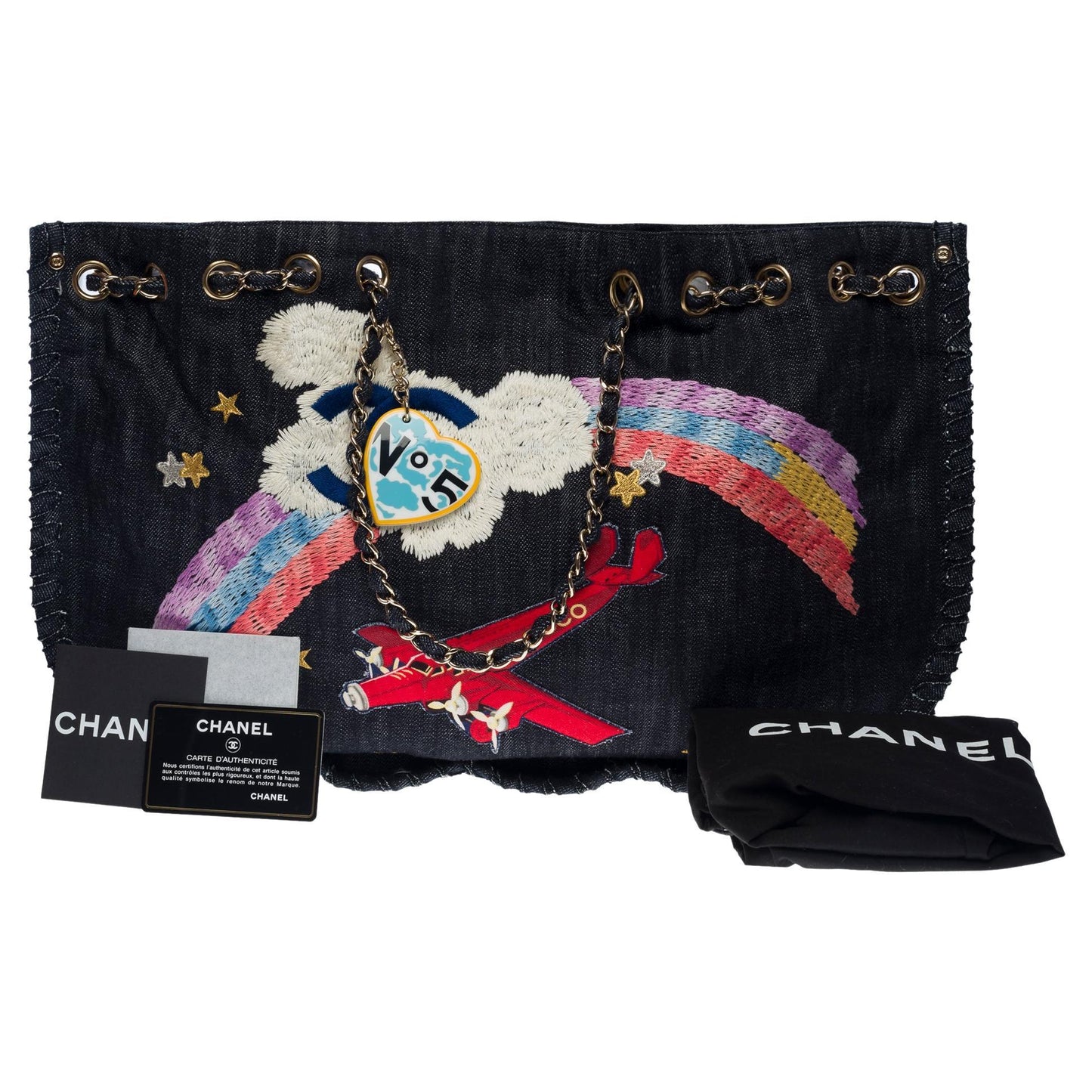 CHANEL Collector "Airplane Rainbow" Tote bag in Blue Denim, SHW