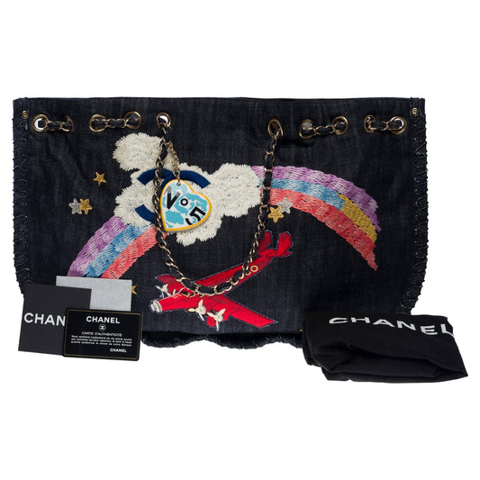 Top Quality Chanel Collector "Airplane Rainbow" Tote bag in Blue Denim, SHW