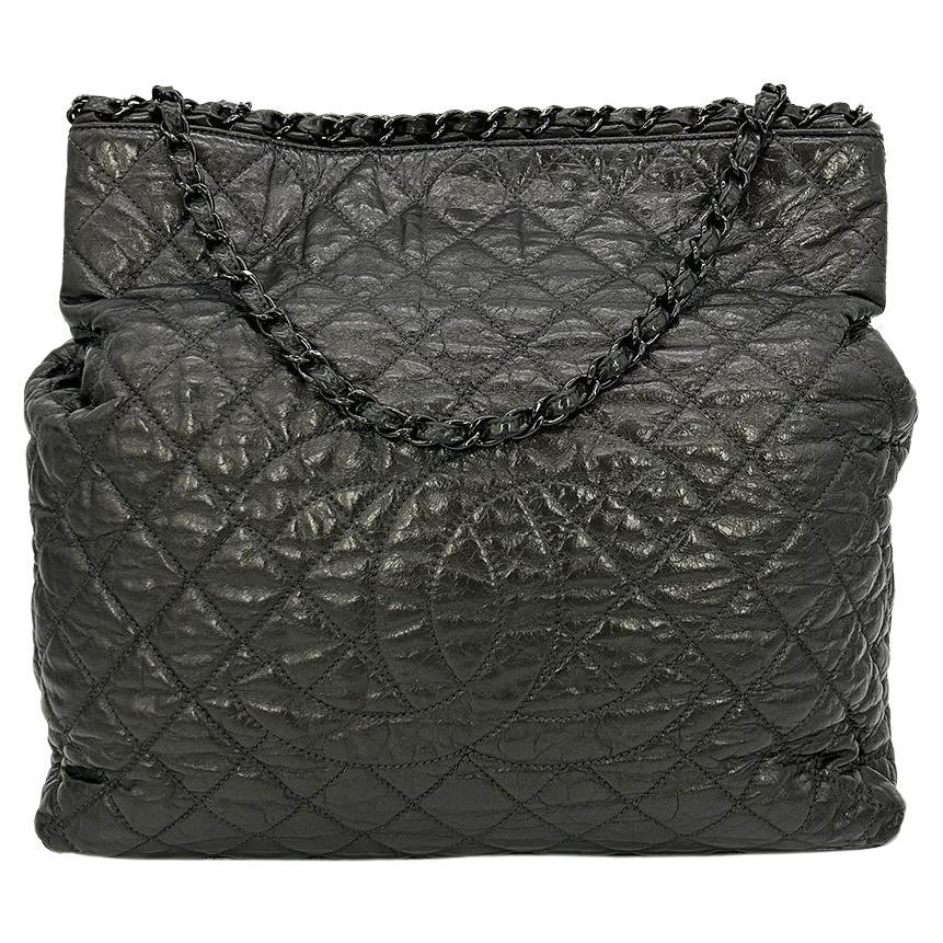 CHANEL Grey Metallic Leather Chain Me Shoulder Bag Tote