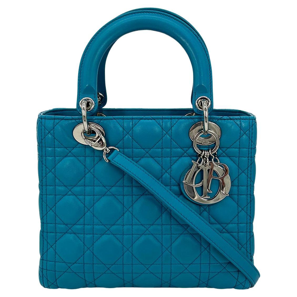 CHRISTIAN DIOR Teal Leather Cannage Medium Lady Di Bag