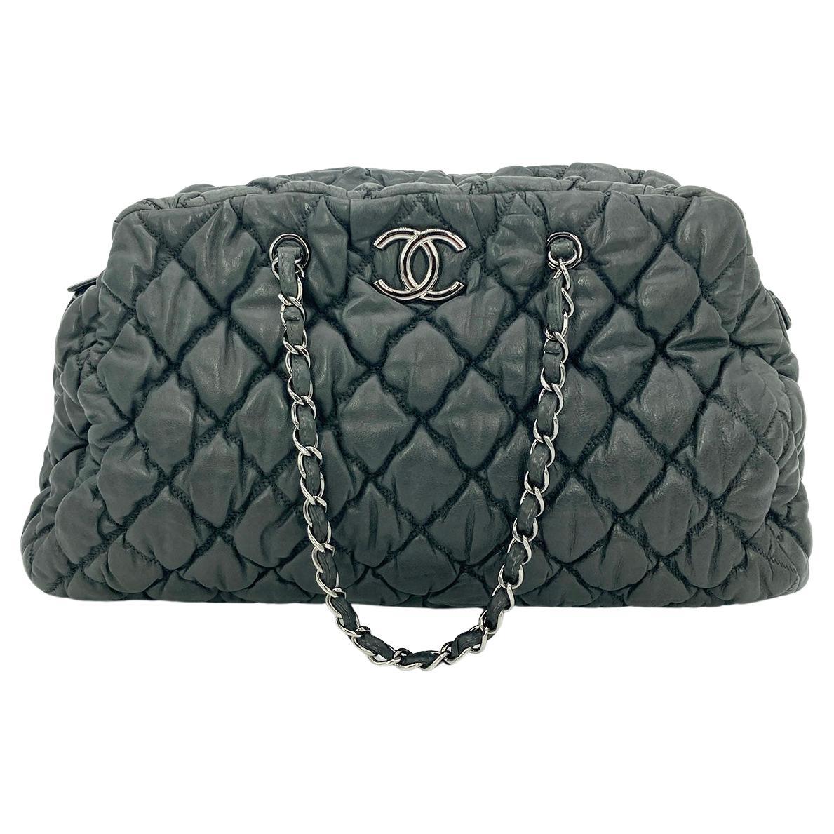 CHANEL Dark Gray Quilted Puffy Leather Shoulder Bag Tote