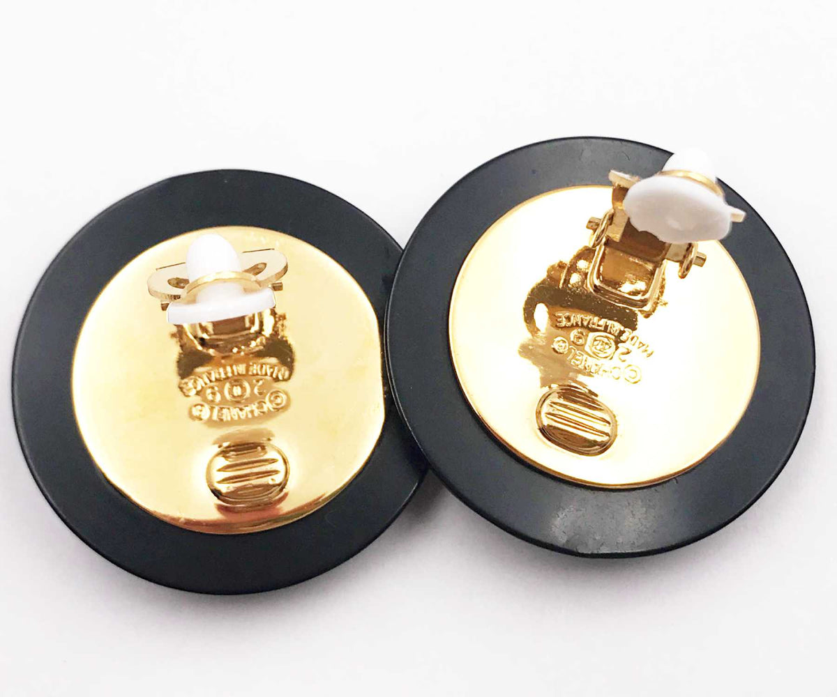 CHANEL Rare Classic Black Quilted Gold CC Large Clip on Earrings