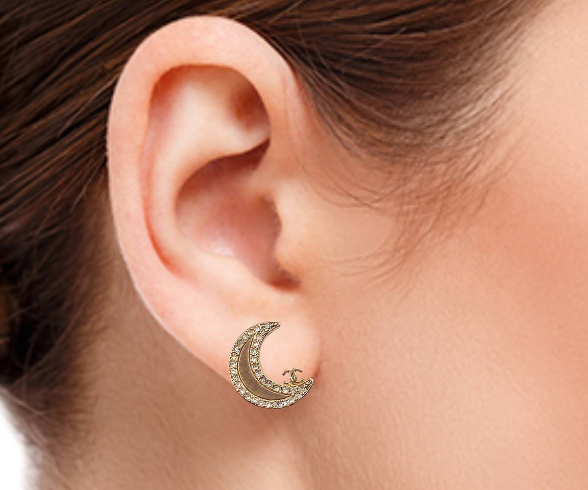 Top Quality Chanel Gold CC Moon Crystal Clip on Earrings
