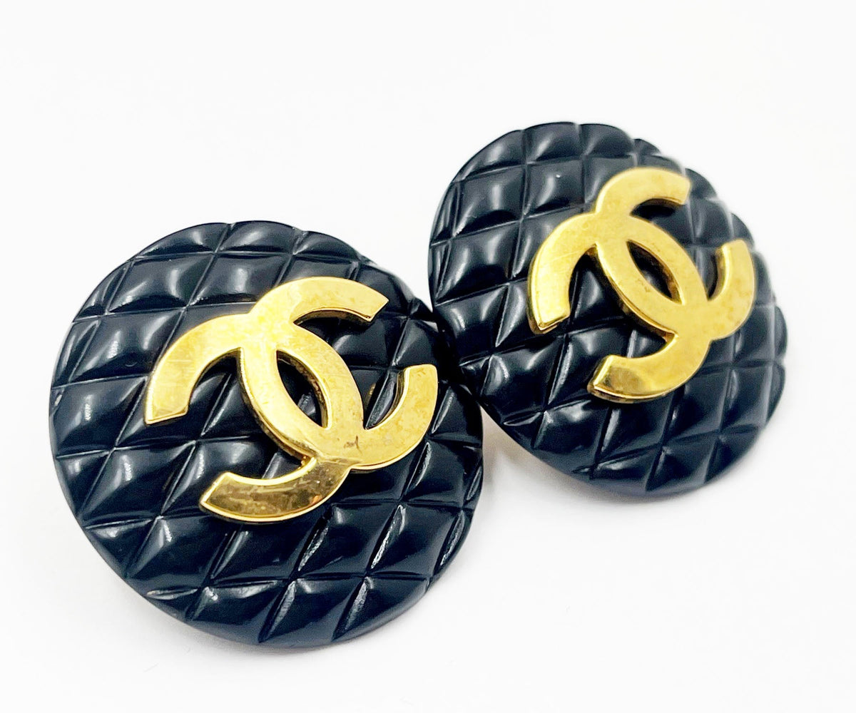 CHANEL Rare Classic Black Quilted Gold CC Large Clip on Earrings