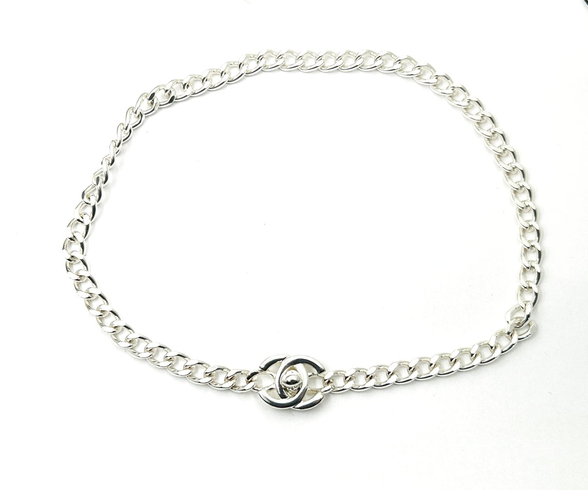 CHANEL Rare Vintage Silver CC Small Turnlock Chain Choker Necklace