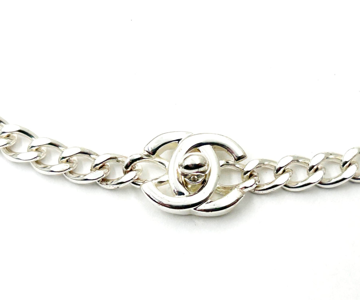 CHANEL Rare Vintage Silver CC Small Turnlock Chain Choker Necklace