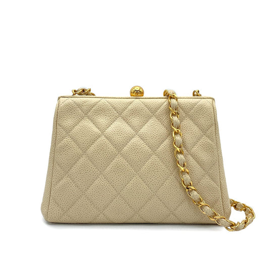 CHANEL VINTAGE MATELASSE CHAIN SHOULDER BAG BEIGE CAVIAR SKIN 90266244