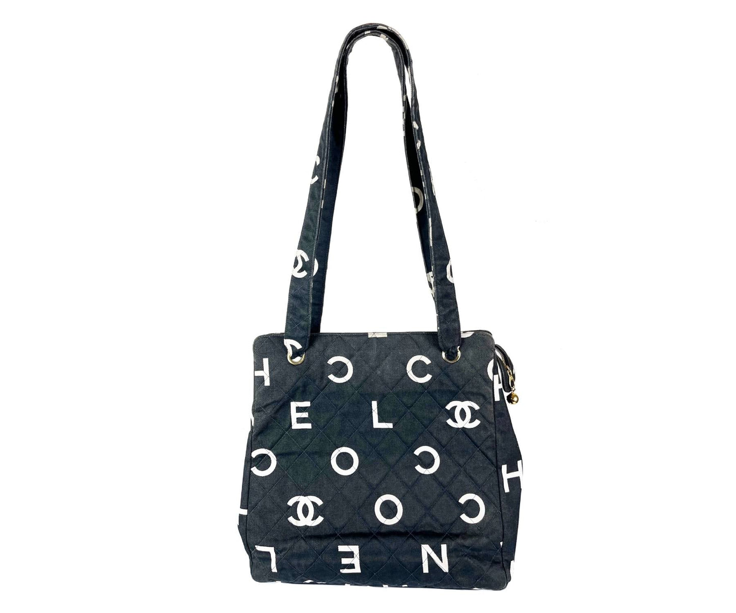 CHANEL Vintage White Logo Black Canvas Tote Bag
