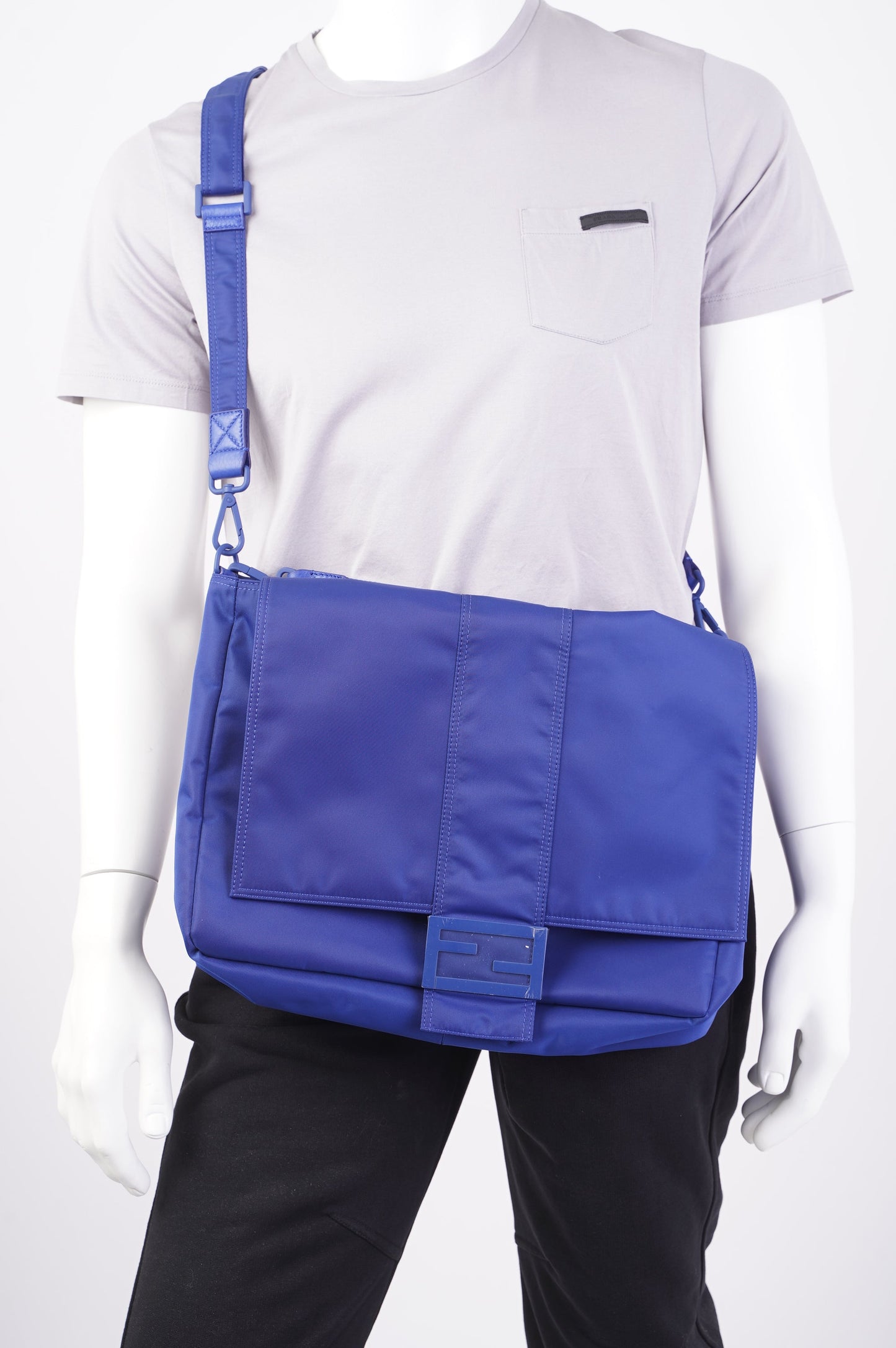 Fendi Baguette Messenger Bag Blue Nylon Large