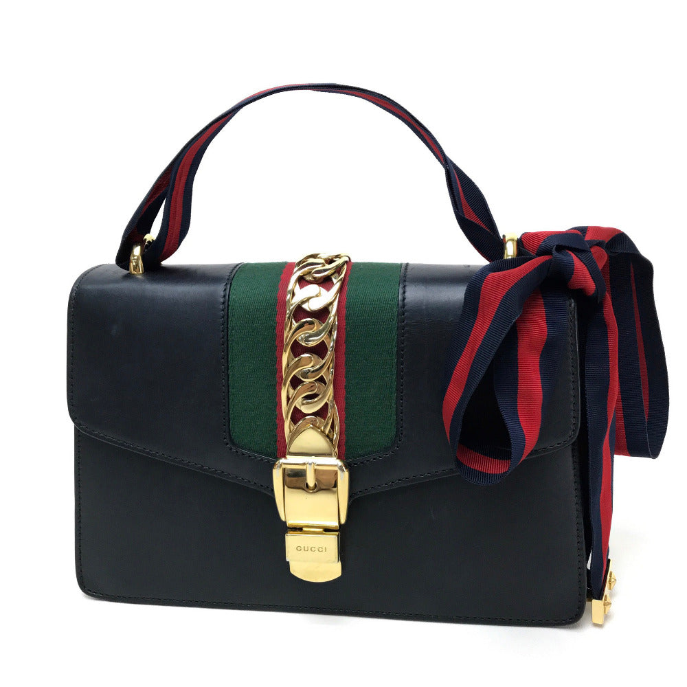 GUCCI Shoulder Bag 421882 leather black Sherry line Silvi Small Ribbon Women Secondhand