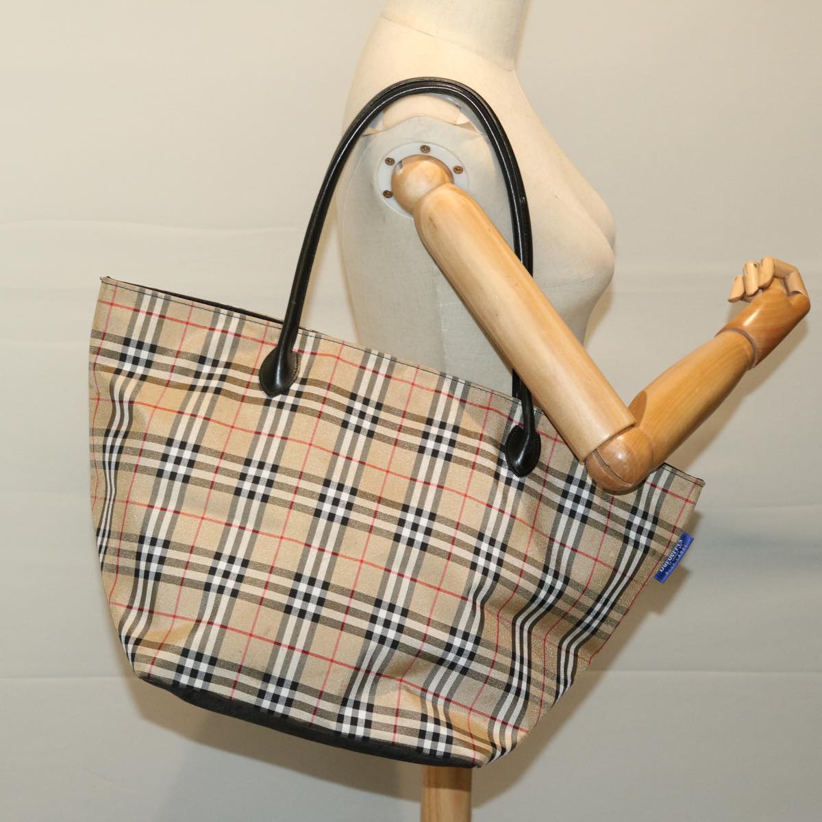 BURBERRYSs Nova Check Blue Label Tote Bag Nylon Beige Auth yb525