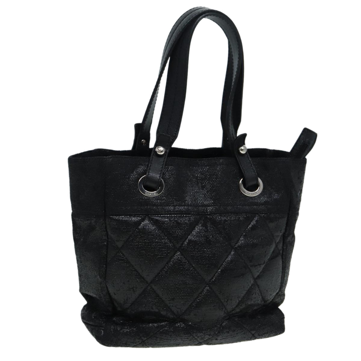 Top Quality Chanel Paris Biarritz Tote PM Tote Bag Coated Canvas Black CC Auth yb614