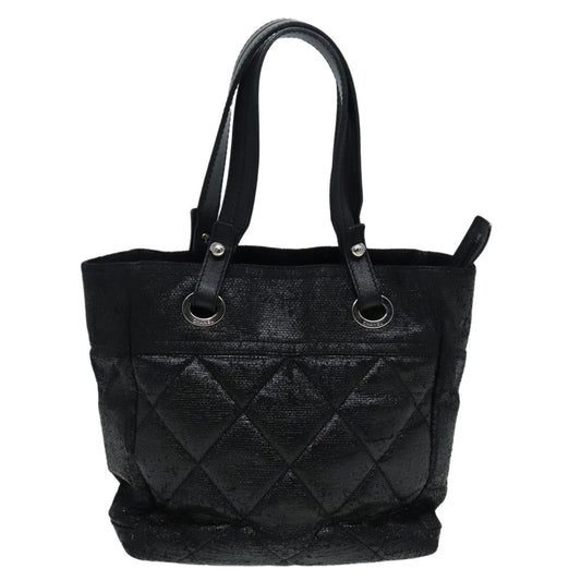 CHANEL Paris Biarritz Tote PM Tote Bag Coated Canvas Black CC Auth yb614