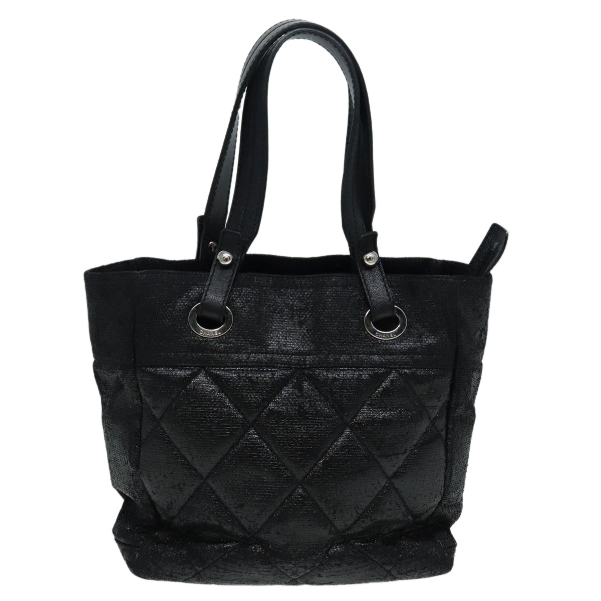 Top Quality Chanel Paris Biarritz Tote PM Tote Bag Coated Canvas Black CC Auth yb614