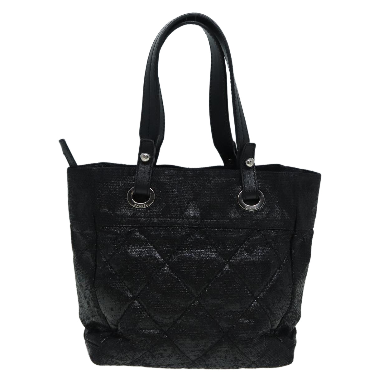 Top Quality Chanel Paris Biarritz Tote PM Tote Bag Coated Canvas Black CC Auth yb614