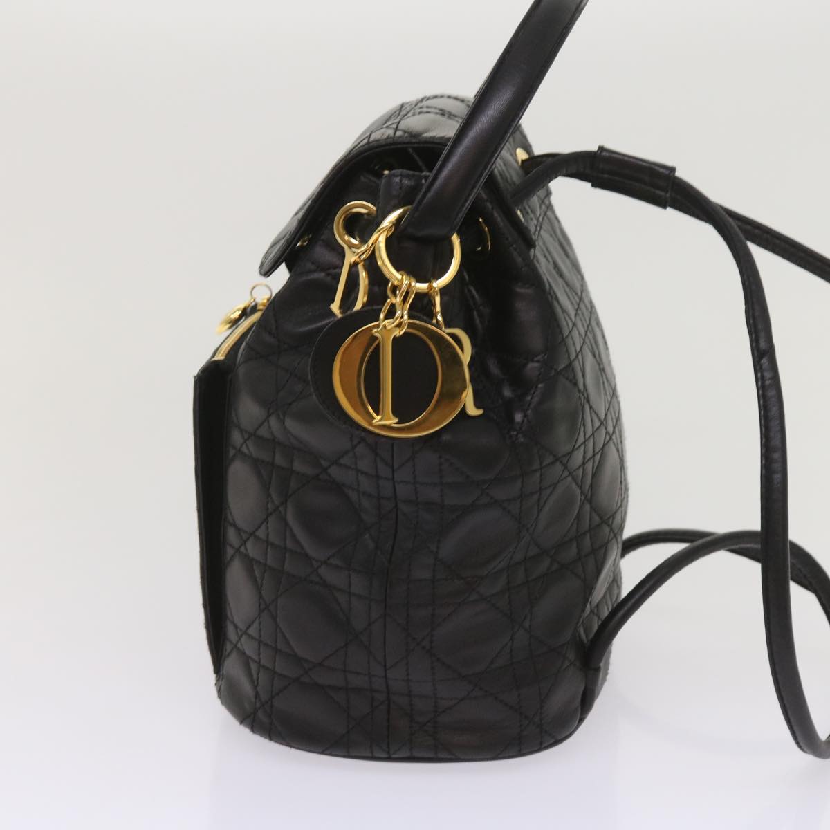 CHRISTIAN DIOR Canage Lady Dior Backpack Lamb Skin Black Auth yk10497A