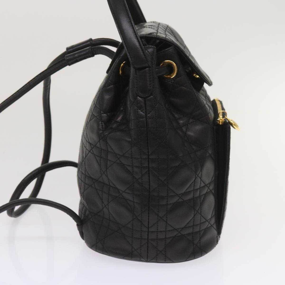 CHRISTIAN DIOR Canage Lady Dior Backpack Lamb Skin Black Auth yk10497A