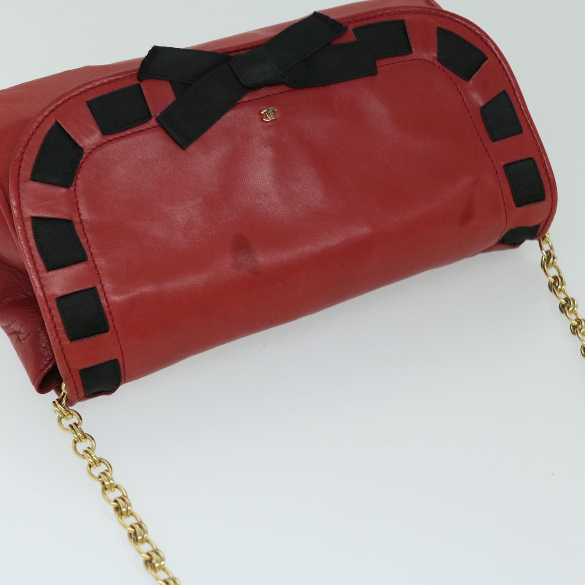 Top Quality Chanel COCO Mark Ribbon Chain Shoulder Bag Lamb Skin Red CC Auth yk10943