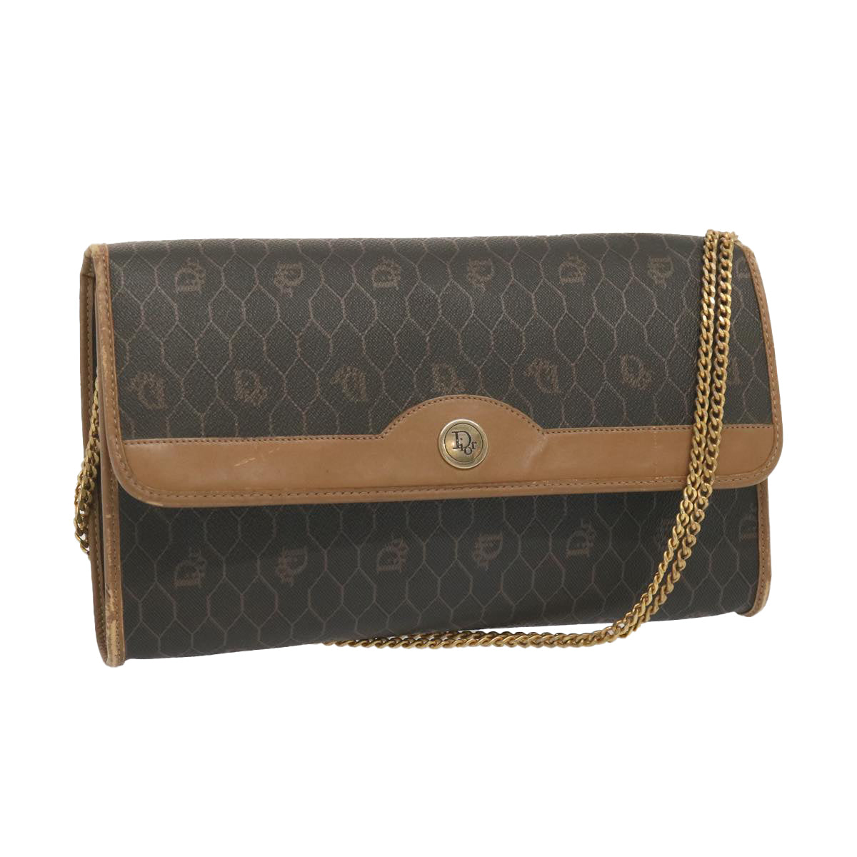 CHRISTIAN DIOR Honeycomb Canvas Chain Shoulder Bag PVC Black Auth yk11202