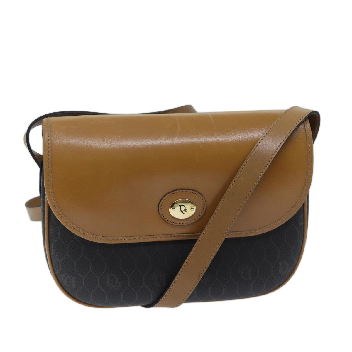 CHRISTIAN DIOR Honeycomb Canvas Shoulder Bag PVC Leather Black Auth yk11421